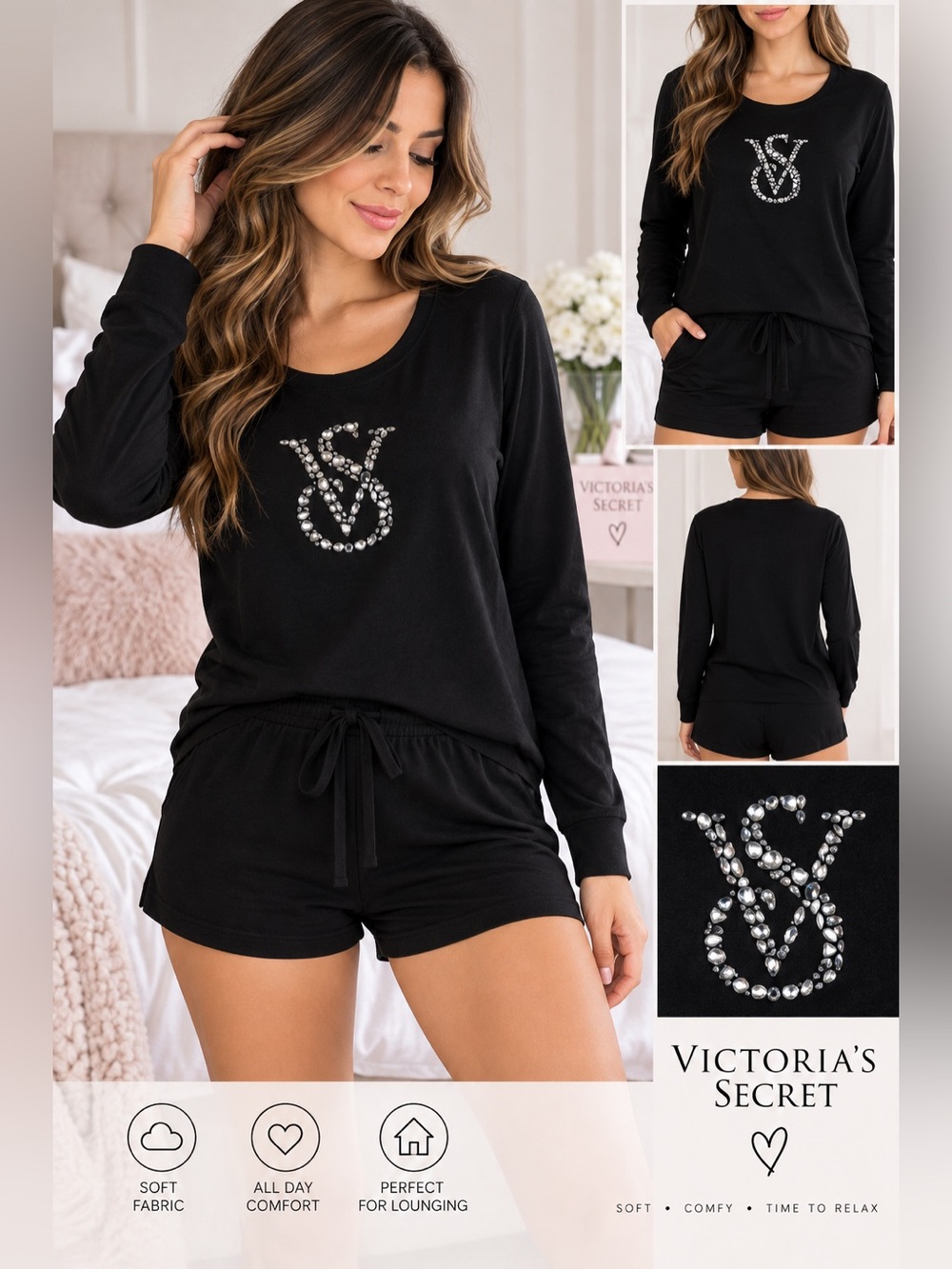 Victoria’s Secret Black Rhinestone Pajama Set XS NWT